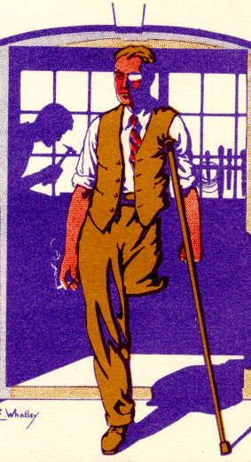 purple and brown images of a man missing a lower leg with crutches