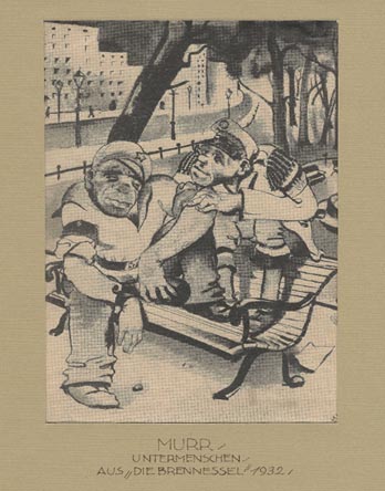 Black and white drawing/etching of 2 soldiers from 1932 sitting on park bench
